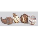 Two West Africa ostrich egg containers with leather and fibre bindings, 18cm and 16cm high, a