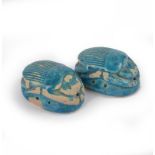 Two Egyptian faience scarabs Late Period, circa 664 - 332 BC blue glazed and pierced around the edge