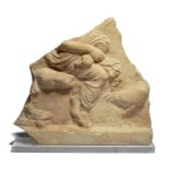 A late Hellenistic marble relief fragment circa 1st century BC with a draped figure sitting on a