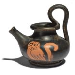 A Greek red-figure owl spouted jug South Italian, circa 4th century BC decorated with an owl and a