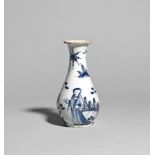 A small delftware vase c.1760, the small pear-shaped body painted in shades of blue with a Chinese