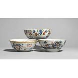 Three delftware bowls c.1740-60, probably London, one painted in bright enamels with flying
