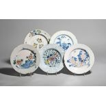 Five delftware plates c.1740-60, including Liverpool and Bristol, one painted in blue with