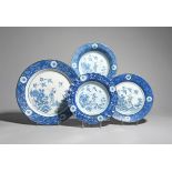 Four Lambeth delftware dishes c.1740-50, probably William Griffith, two plates in different sizes,