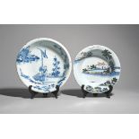 Two delftware shallow bowls c.1760-70, one probably Abigail Griffith at Lambeth, painted in blue,
