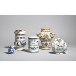 Two Continental maiolica or faïence apothecary jars or albarelli 19th century, one of dumbbell