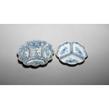 Two delftware sweetmeat trays or hors d'oeuvres dishes c.1740-60, one probably London and with