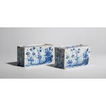 A pair of delftware flower bricks c.1740-50, the rectangular forms painted in blue with bamboo and