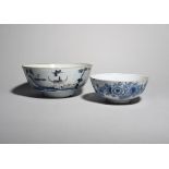 Two delftware bowls c.1750-80, the smaller probably Liverpool, inscribed in blue to the interior