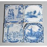 Four delftware tiles c.1730-60, one Biblical and painted in blue with Peter's denial of Jesus, one