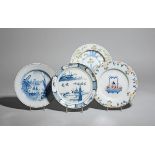 Four delftware plates c.1710-50, one of primitive shape and painted with figures in an island