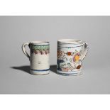 Two Delft mugs 18th century, of cylindrical form, one painted in polychrome enamels with flowering