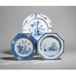 Three delftware plates c.1760, two of octagonal form, one attributed to Michael Edkins at