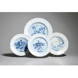 Four delftware plates c.1760-70, two Bristol and painted in blue with a figure fishing and two