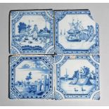 Four Liverpool delftware tiles c.1750-70, painted in blue with octagonal panels of harbour scenes,