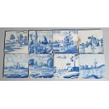 Eight delftware tiles c.1750-70, painted in blue with various scenes of figures in landscapes,