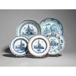 Three small Bristol delftware plates and two shallow bowls or dishes c.1740-50, all similarly