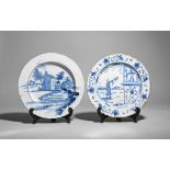 Two delftware large plates or chargers c.1730-60, one Bristol and painted in blue with a three