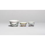 Two delftware miniature teabowls c.1760, one painted in polychrome enamels with Oriental flower