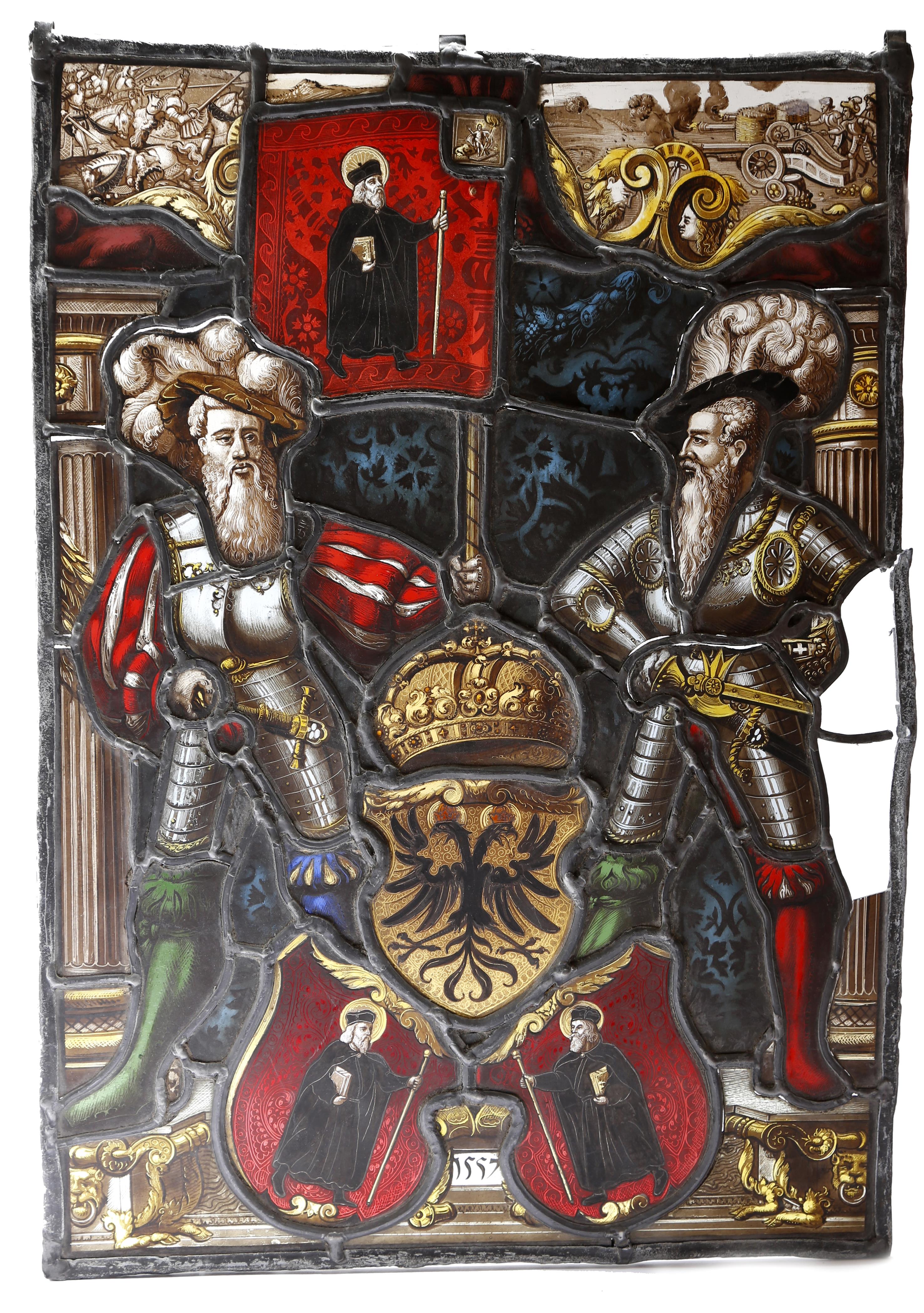 A German stained glass panel in 16th century style, decorated with a pair of armour clad knights