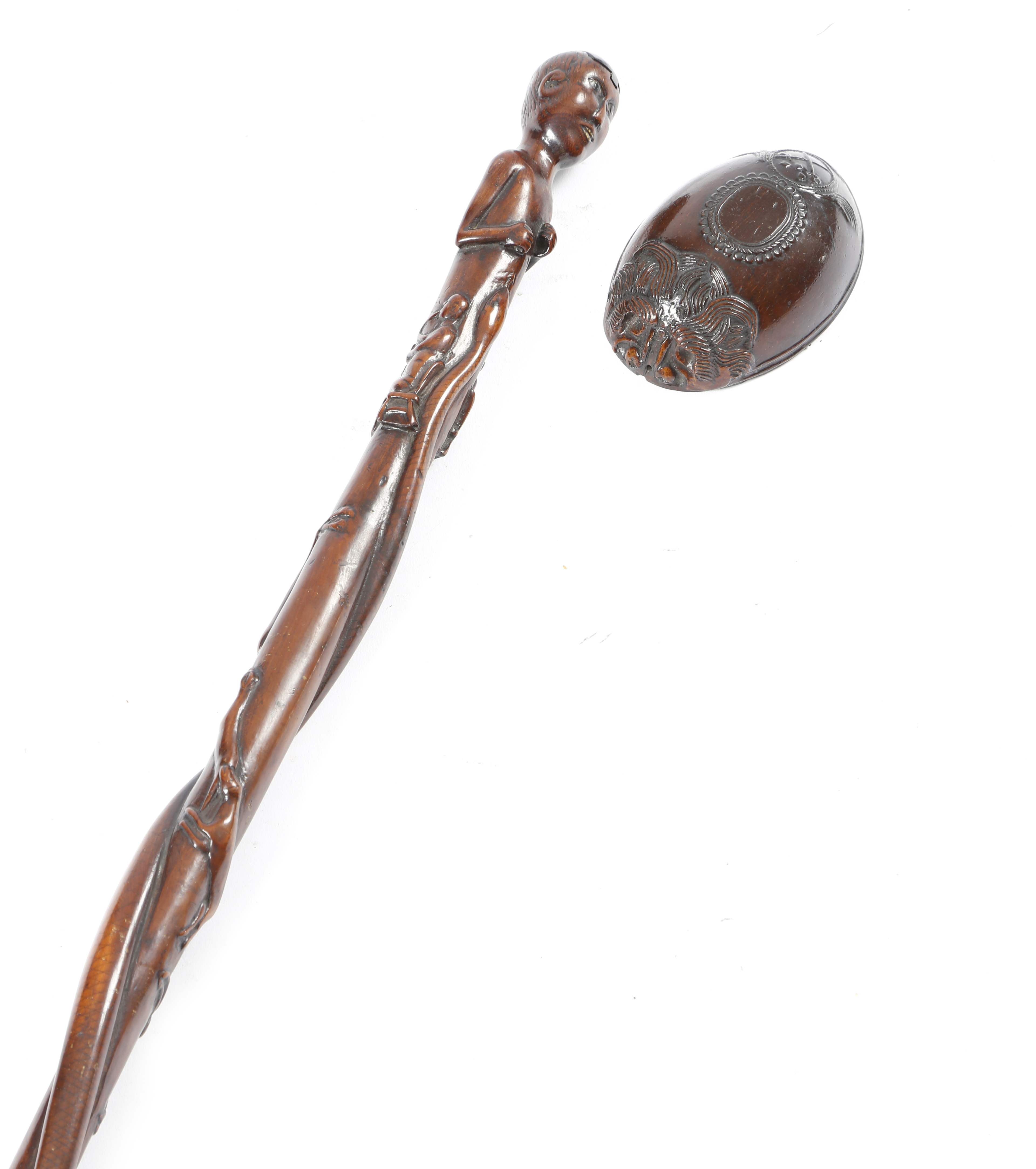 A folk art carved wood naive walking cane, the handle in the form of a native with a sliding cover - Image 3 of 4