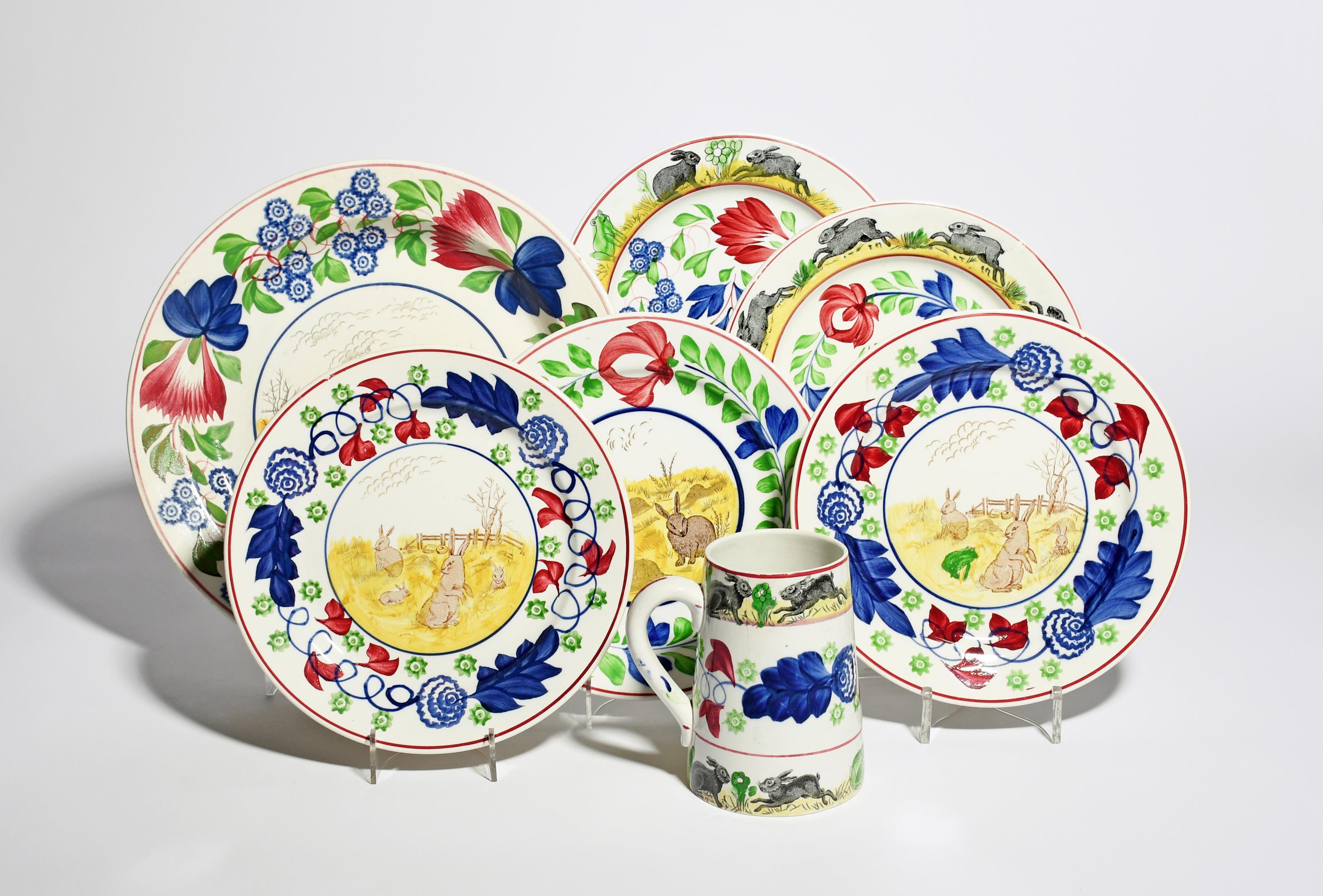 Five spatterware pottery plates 19th/20th century, printed with scenes of rabbits and frogs around