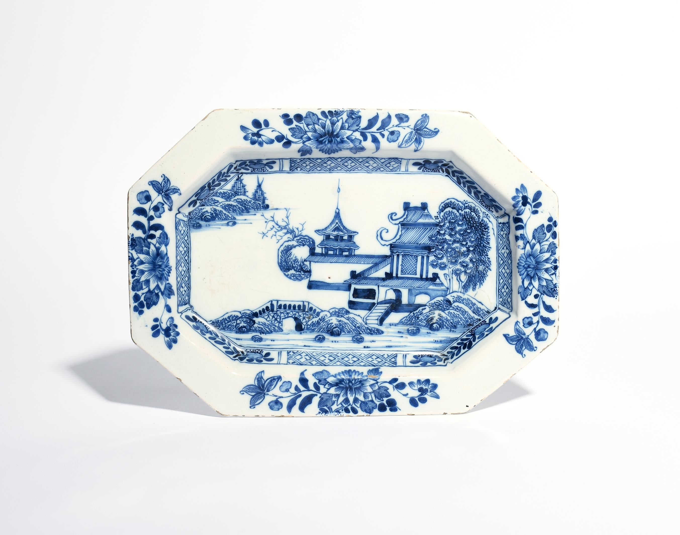 An Irish delftware meat dish c.1760-70, of elongated octagonal form, painted in blue with a low