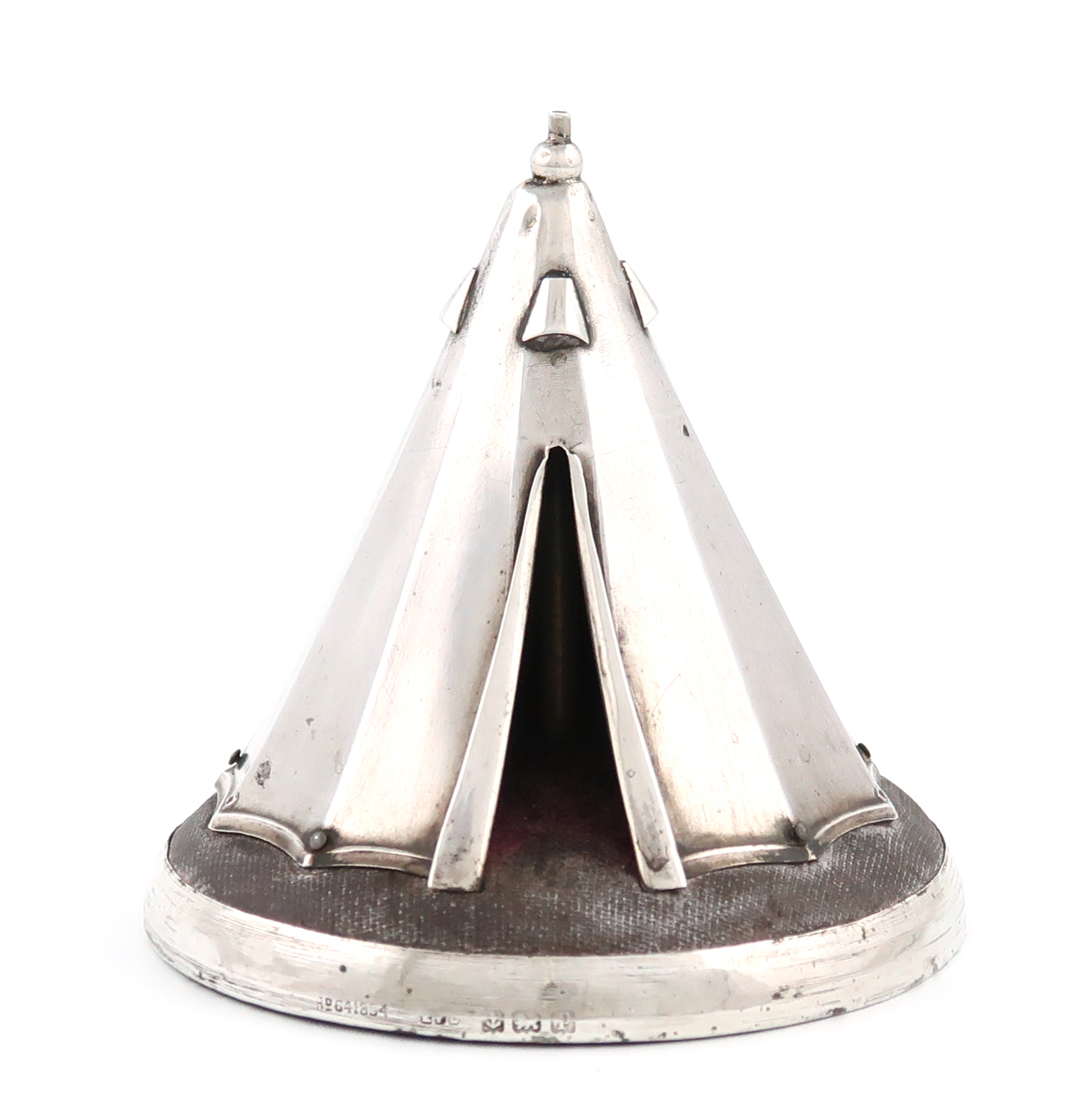 A rare novelty silver military bell tent hat pin stand and pin cushion, maker's mark partially worn,