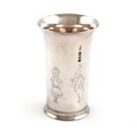 By Geoffrey Bellamy, a modern silver beaker, London 1958, tapering cylindrical form, engraved with