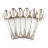 A set of six George III Scottish silver Hanoverian pattern dessert spoons, by Daniel Ker,