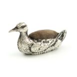 An Edwardian novelty silver duck pin cushion, by Levi and Salaman, Birmingham 1906, modelled in a
