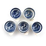 Five Worcester and Caughley blue and white wine tasters, c.1760-80, of varying circular form,