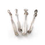 A collection of four pairs of 19th century Scottish provincial silver sugar tongs, comprising: a
