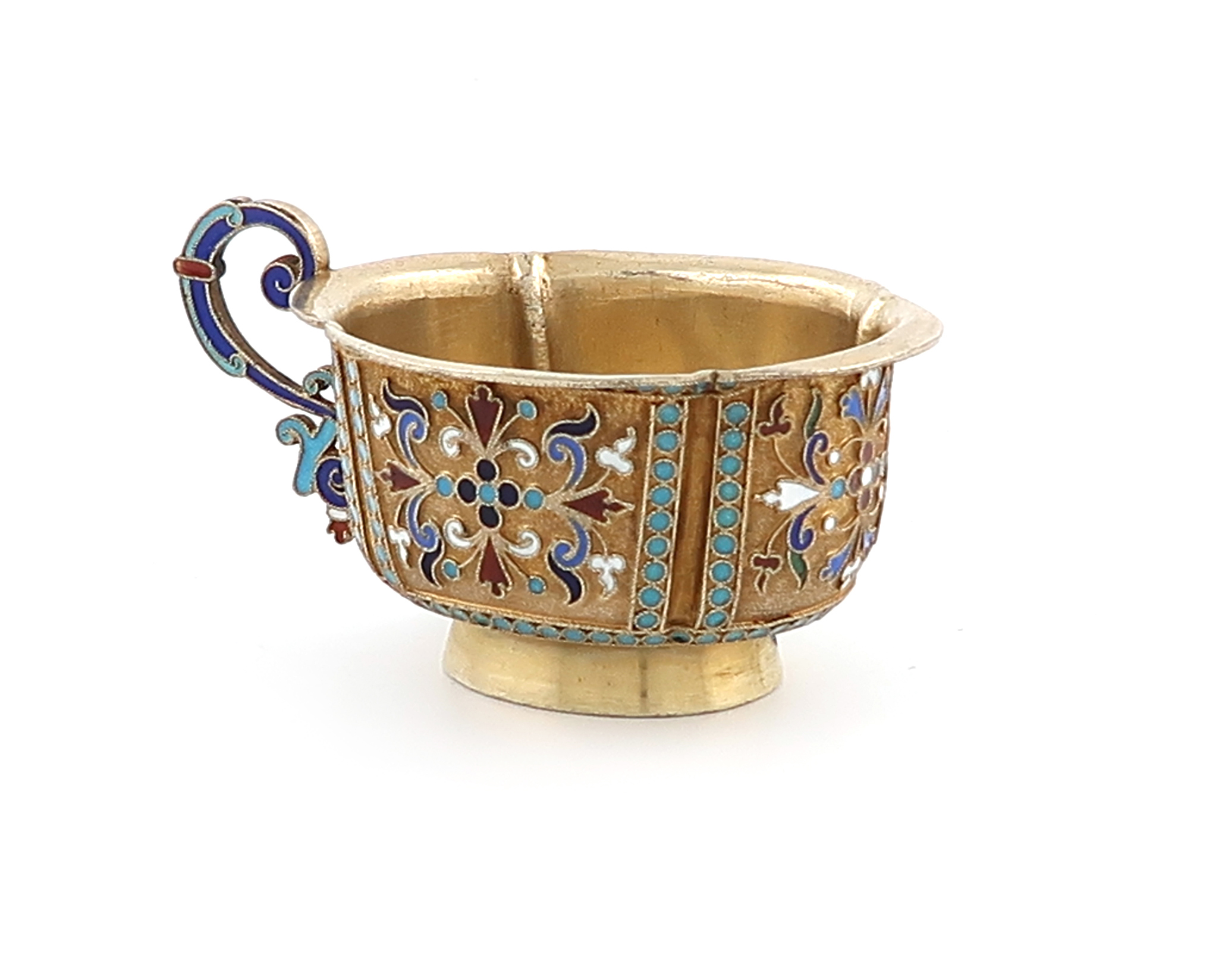 A late-19th century silver-gilt and enamel vodka cup, by Ivan Saltykov, Moscow 1888, lobed oval