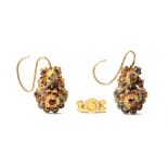 A PAIR OF CHINESE GOLD GEM-SET EARRINGS AND A GOLD BUTTON MING DYNASTY The earrings formed as double