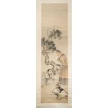 AFTER REN YI (19TH CENTURY) FIGURES BENEATH A PINE TREE A Chinese scroll painting, ink and colour on