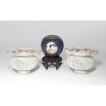 A CHINESE FAMILLE ROSE PERFUMIER AND COVER AND A PAIR OF HANGING BASKETS 18TH CENTURY The