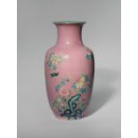 A CHINESE FAMILLE ROSE PINK-GROUND VASE SIX CHARACTER QIANLONG MARK AND POSSIBLY OF THE PERIOD The