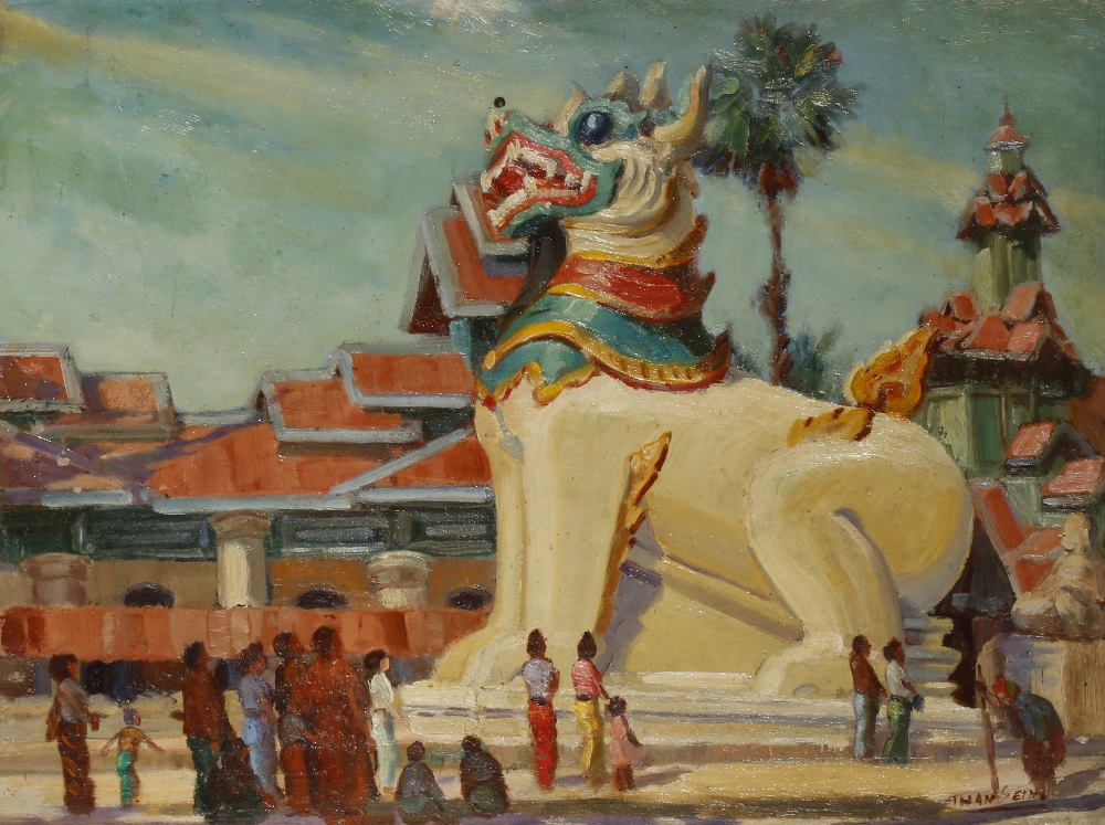 U THAN SAIN (1910-85) FIGURES BY A TEMPLE, CHINTHE A Burmese painting, oil on board, signed Than