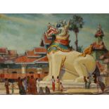 U THAN SAIN (1910-85) FIGURES BY A TEMPLE, CHINTHE A Burmese painting, oil on board, signed Than