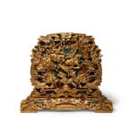 A CHINESE LACQUERED AND GILT-WOOD TABLE SCREEN REPUBLIC PERIOD Carved in high relief with warriors