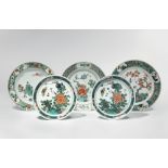 FIVE CHINESE FAMILLE VERTE DISHES KANGXI 1662-1722 Variously decorated with birds, figures,