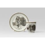 A CHINESE EN GRISAILLE 'PROVENDER FOR THE MONASTERY' COFFEE CUP AND SAUCER C.1750 Decorated with