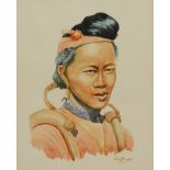 LA BAN (FL.1930S-40S) KACHIN GIRL AND WA MAN Two Burmese paintings, ink and colour on paper, signed,