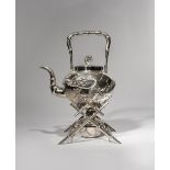 A CHINESE SILVER KETTLE AND STAND 19TH CENTURY The kettle with a scaly dragon wrapping itself around