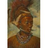 U OHN LWIN (1907-88) PORTRAIT OF A NAGA WARRIOR A Burmese painting, oil on board, signed Ohn Lwin