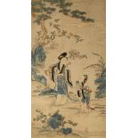 A CHINESE KESI SCROLL LATE 18TH/EARLY 19TH CENTURY Depicting Magu standing carrying a peach spray