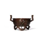 A SMALL CHINESE BRONZE 'BAMBOO' TRIPOD INCENSE BURNER 17TH/18TH CENTURY Cast in relief with bamboo