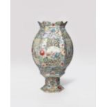 A CHINESE FAMILLE ROSE HEXAGONAL-SECTION LANTERN AND STAND 19TH CENTURY Decorated with roundels