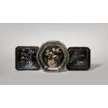 THREE SMALL CHINESE LAC BURGAUTE TRAYS EARLY 18TH CENTURY One decorated with figures and a sampan,